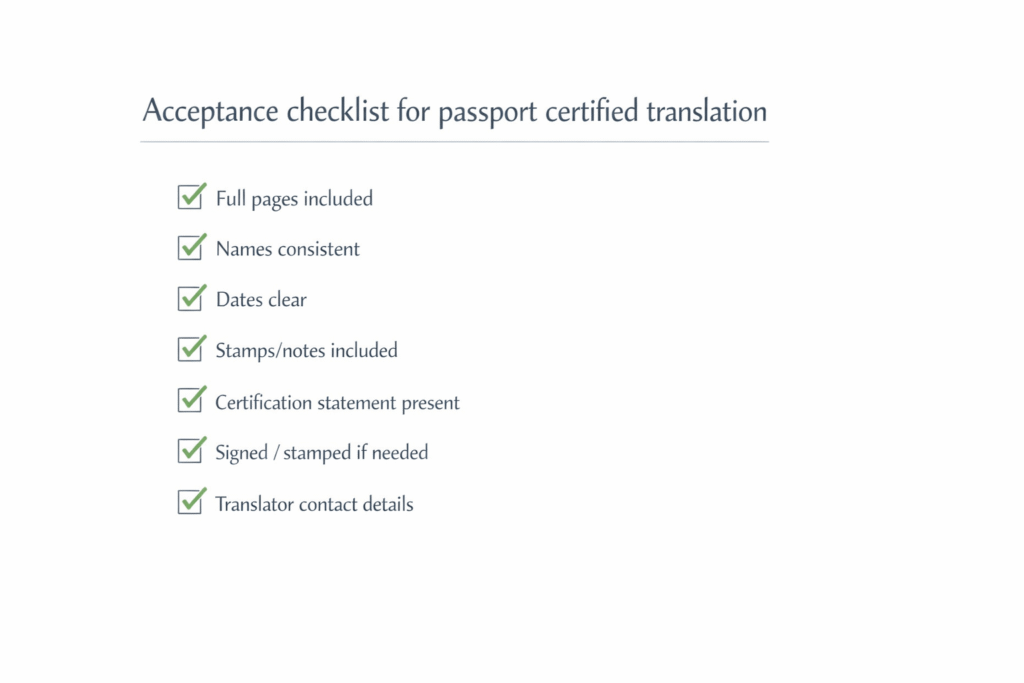 Acceptance checklist for passport certified translation submissions