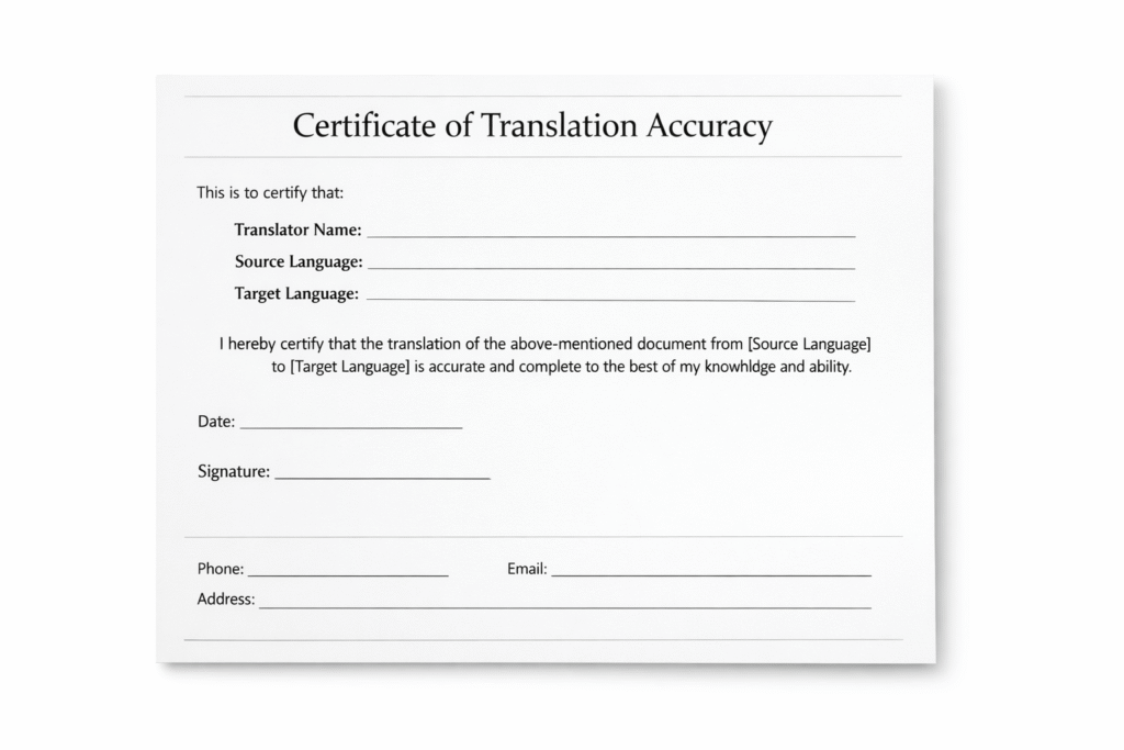 Certified translation certificate template with required fields