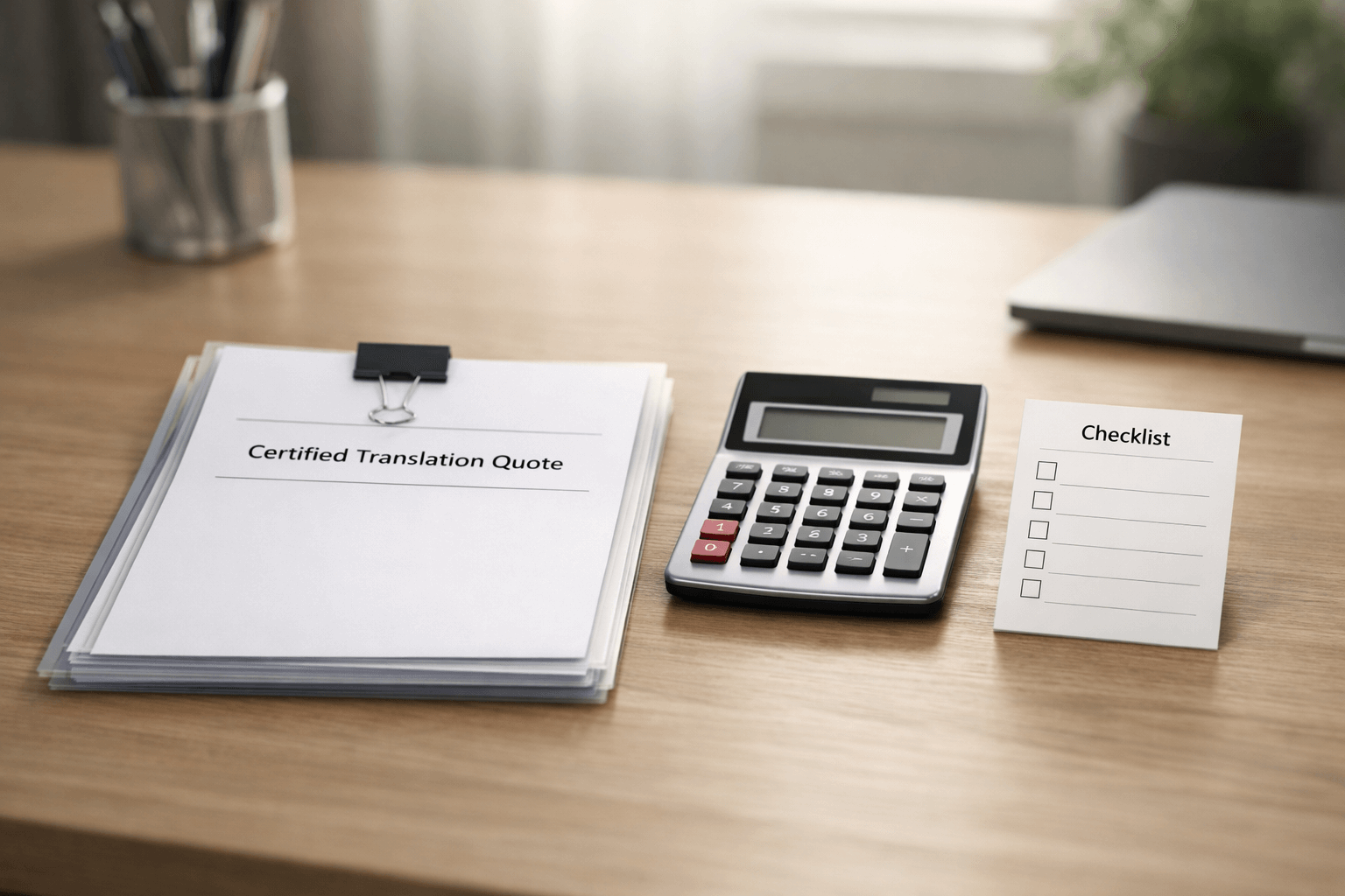 Certified translation cost guide with quote checklist on desk