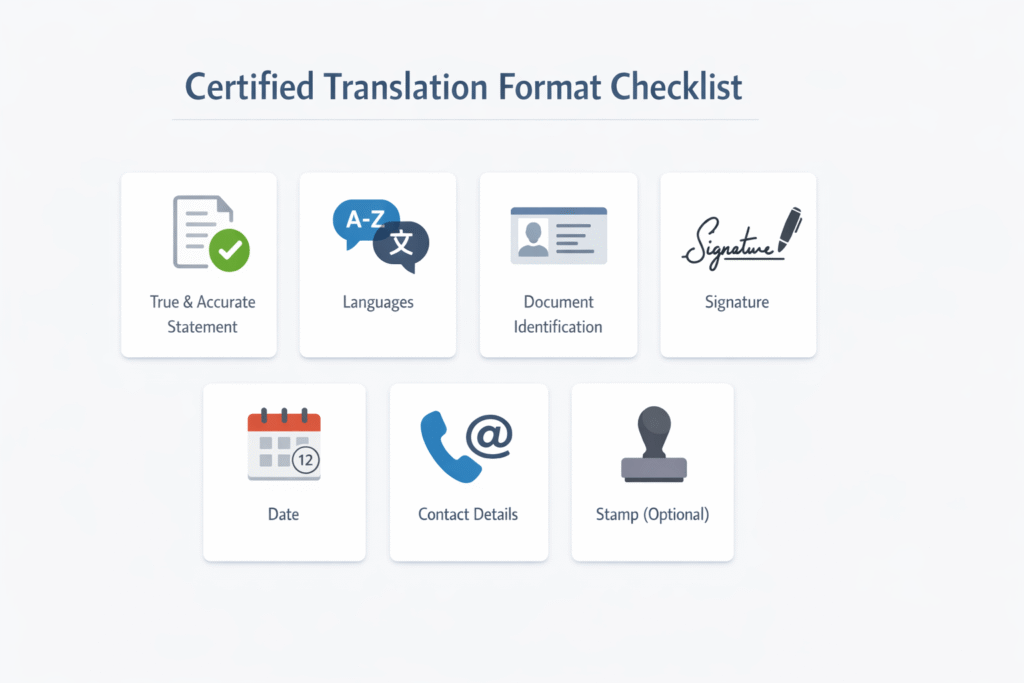 Certified translation format checklist showing required certificate elements