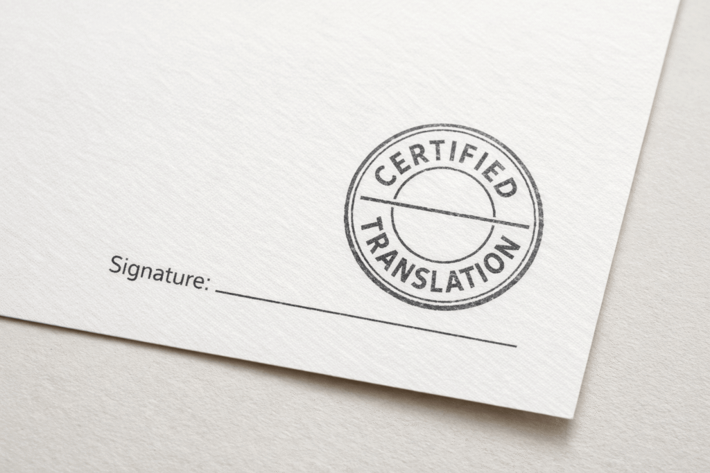 Certified translation stamp example on a signed certificate page