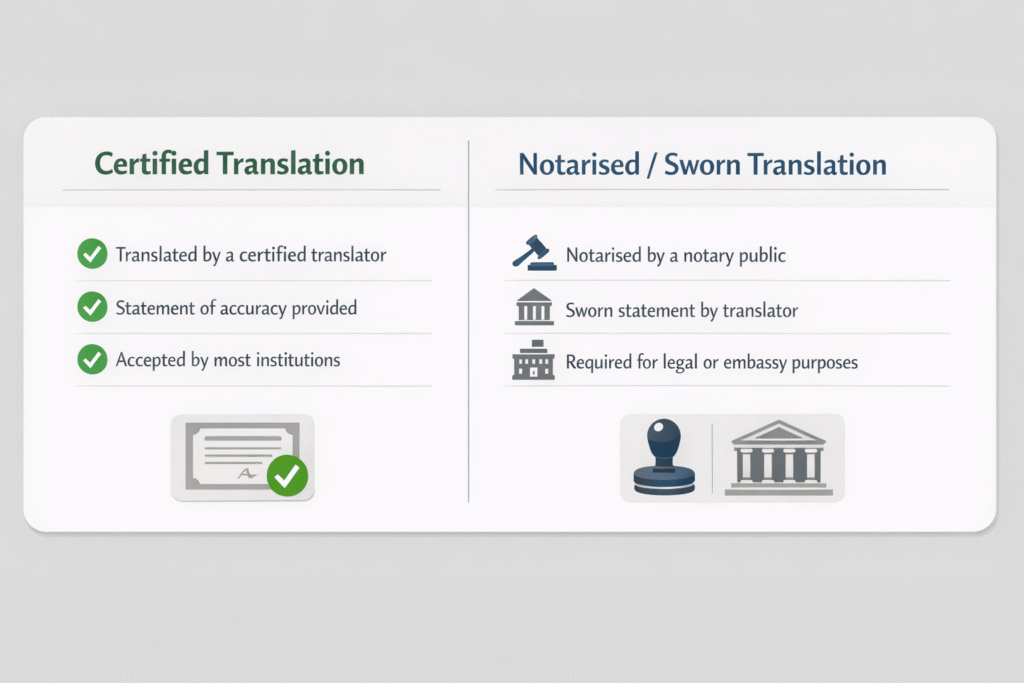 Certified vs notarised vs sworn translation comparison for passport documents
