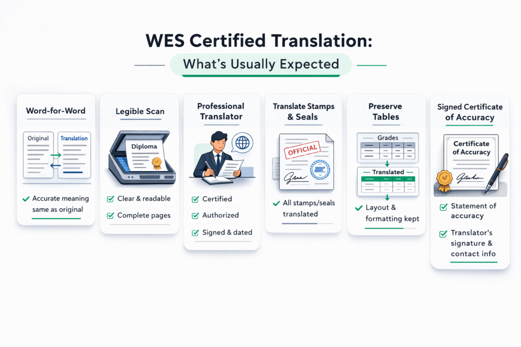 Checklist of what WES usually expects in a certified translation