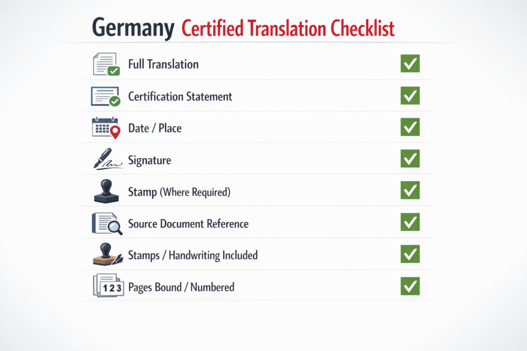 Checklist of what a certified translation in Germany must include