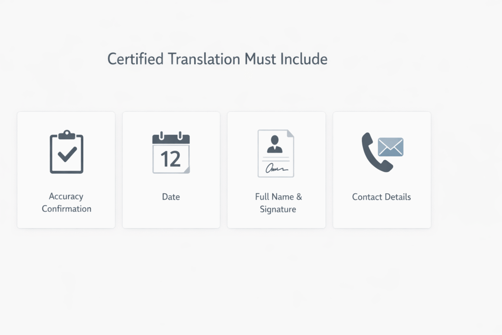 Checklist showing the four elements required on a certified translation certificate