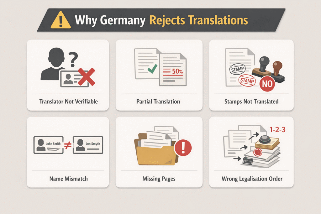 Common rejection reasons for certified translations submitted to German authorities