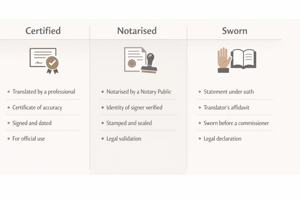Comparison of certified, notarised, and sworn translation types