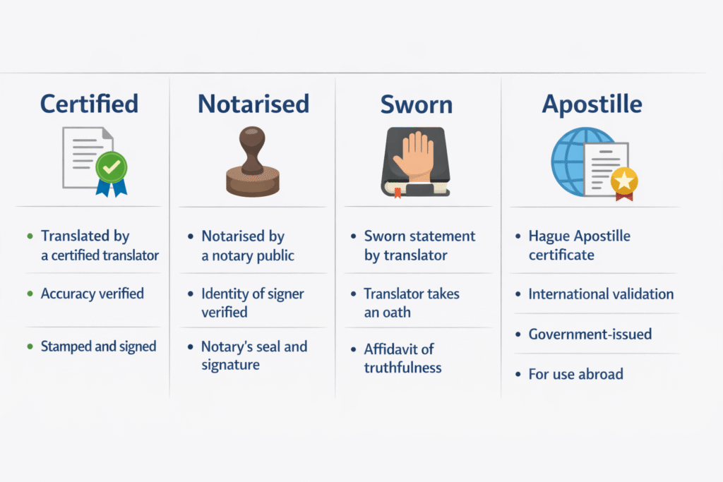 Comparison of certified vs notarised vs sworn translation and apostille