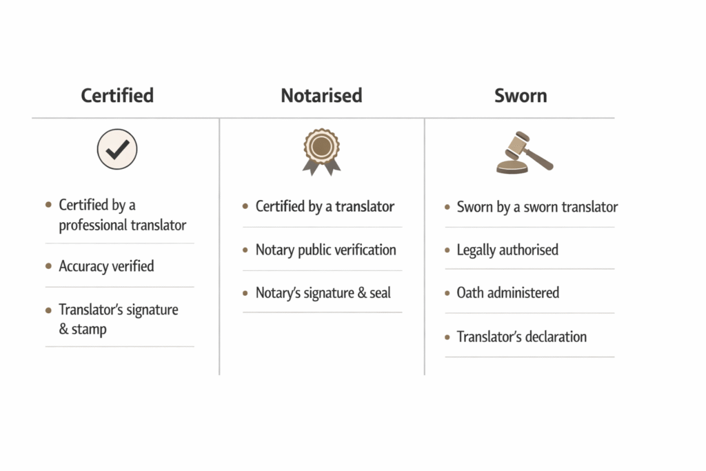 Decision guide comparing certified, notarised, and sworn translations