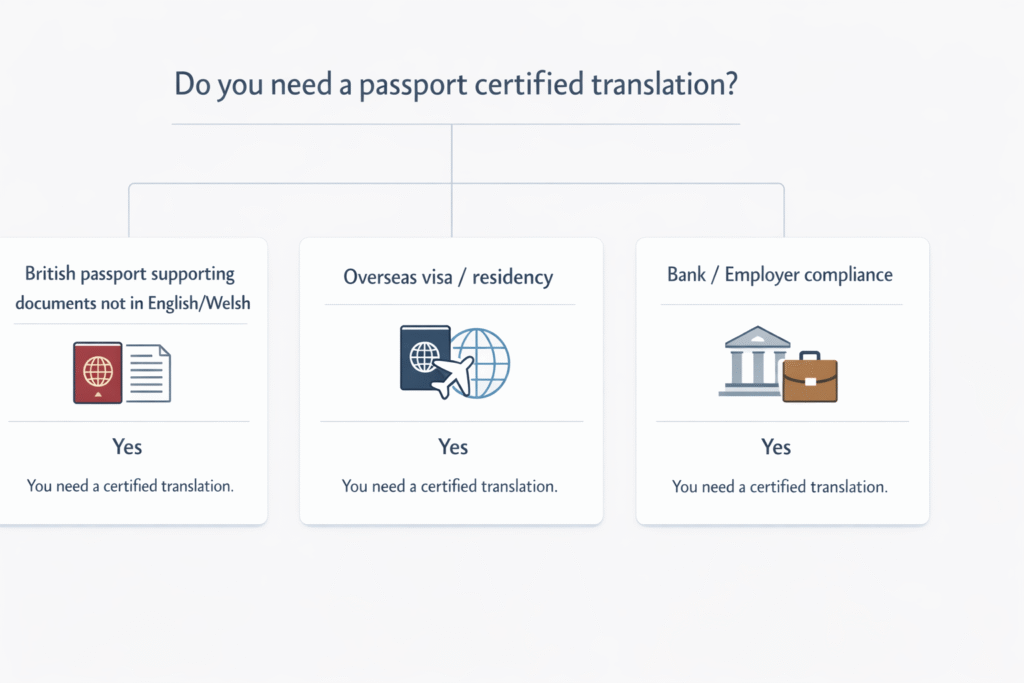 Decision tree showing when a passport certified translation is required