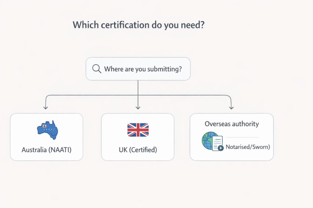 Decision tree showing when to use NAATI certified translation vs UK certified vs notarised