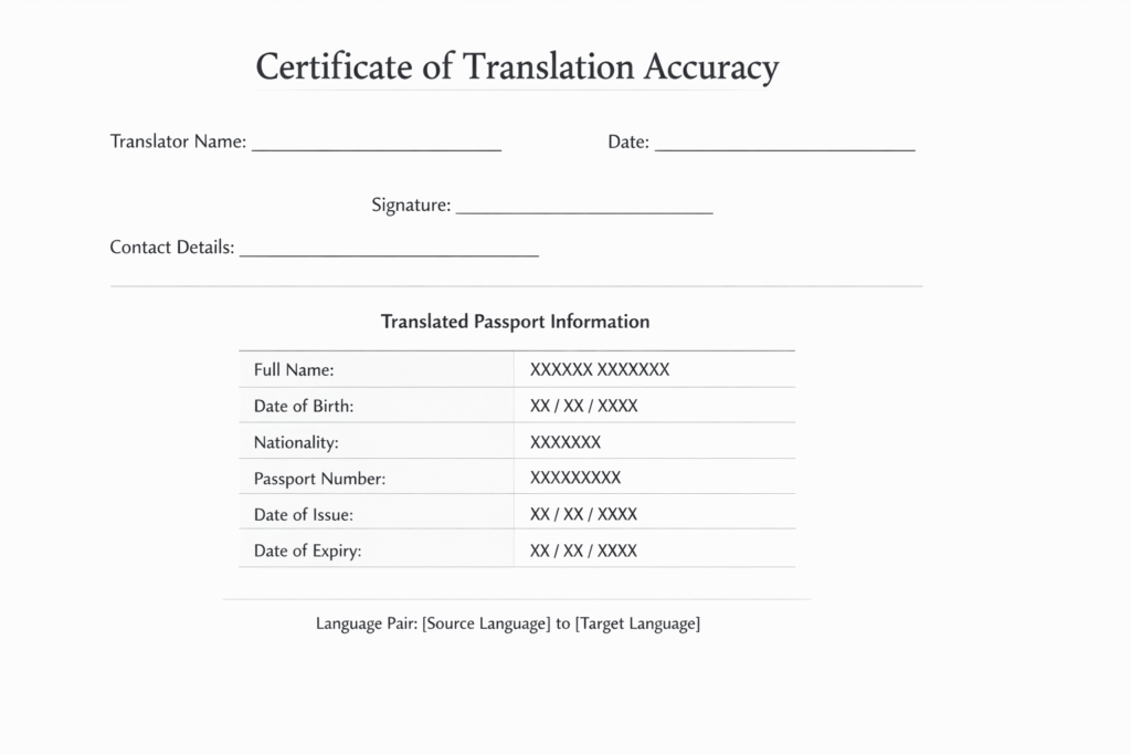 Example certificate of translation accuracy for a passport certified translation