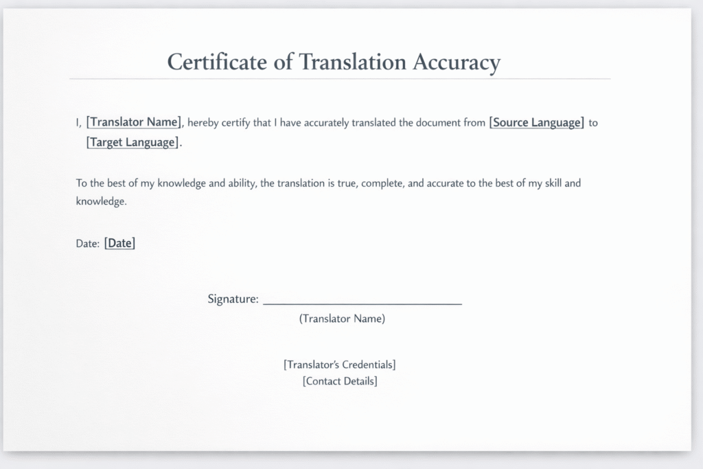 Example certificate of translation accuracy template layout