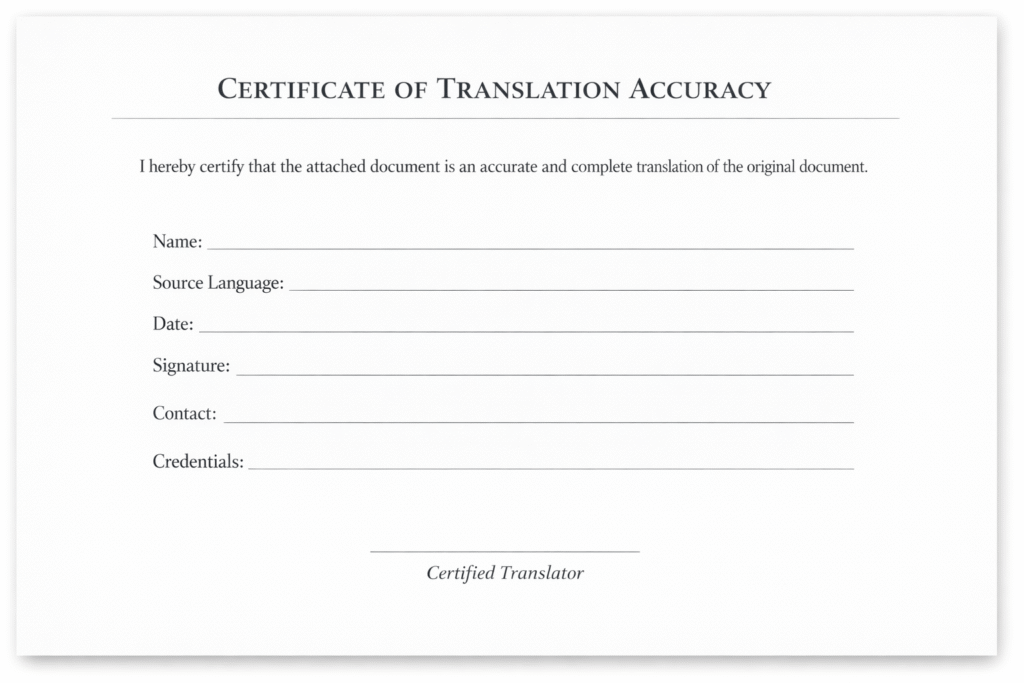 Example layout of a UK-style certificate of translation accuracy page