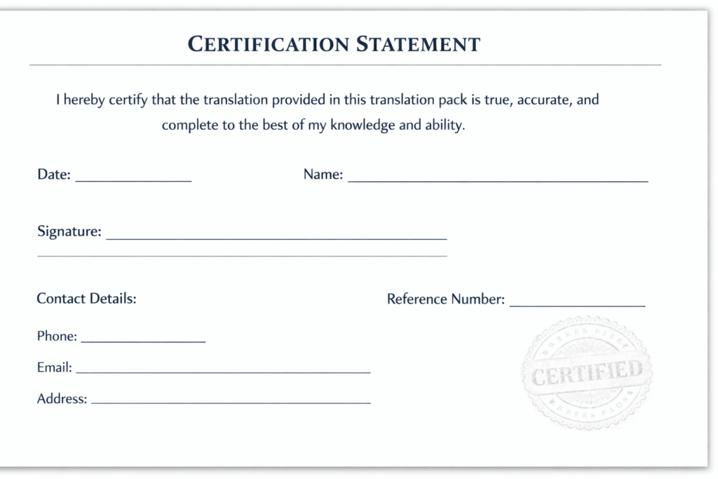 Example layout of a certified translation certification statement page