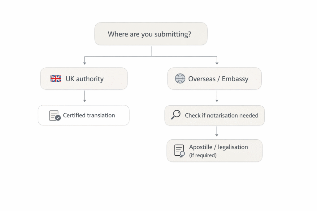 Flowchart showing whether you need certified, notarised, or apostilled translation