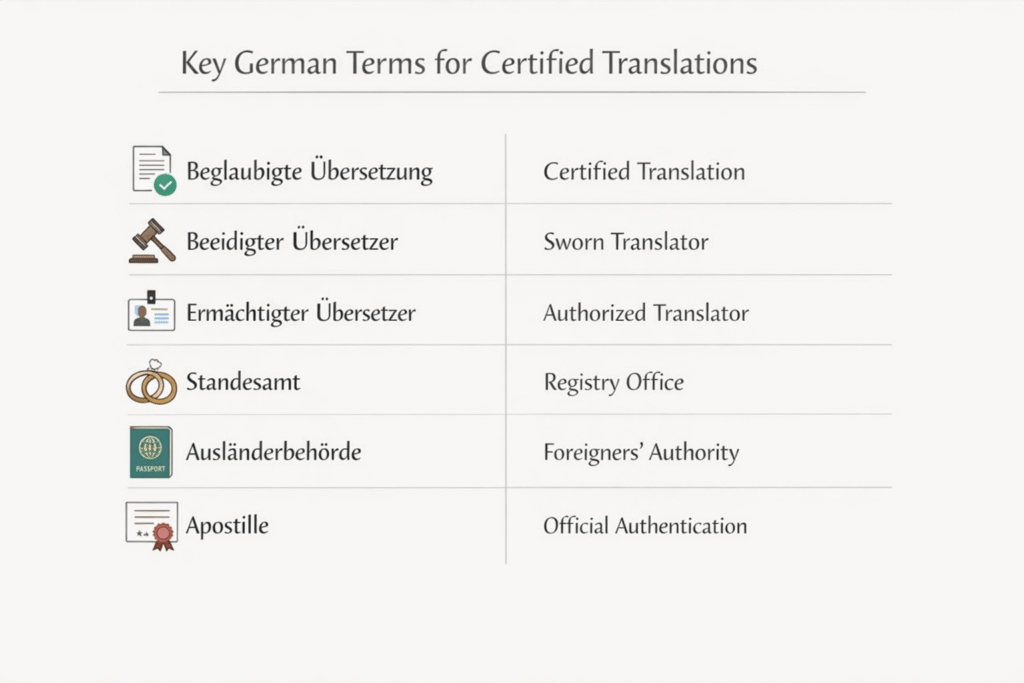 German terms and English meanings for certified translation and sworn translators