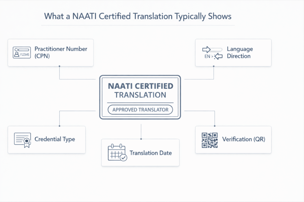 Key elements commonly found on a NAATI certified translation stamp