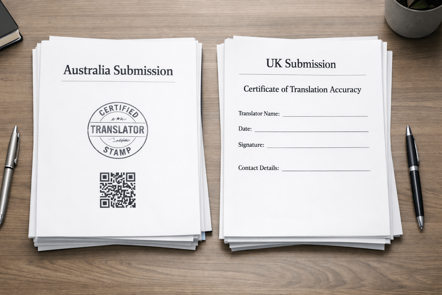 NAATI certified translation vs UK certified translation document packs side-by-side