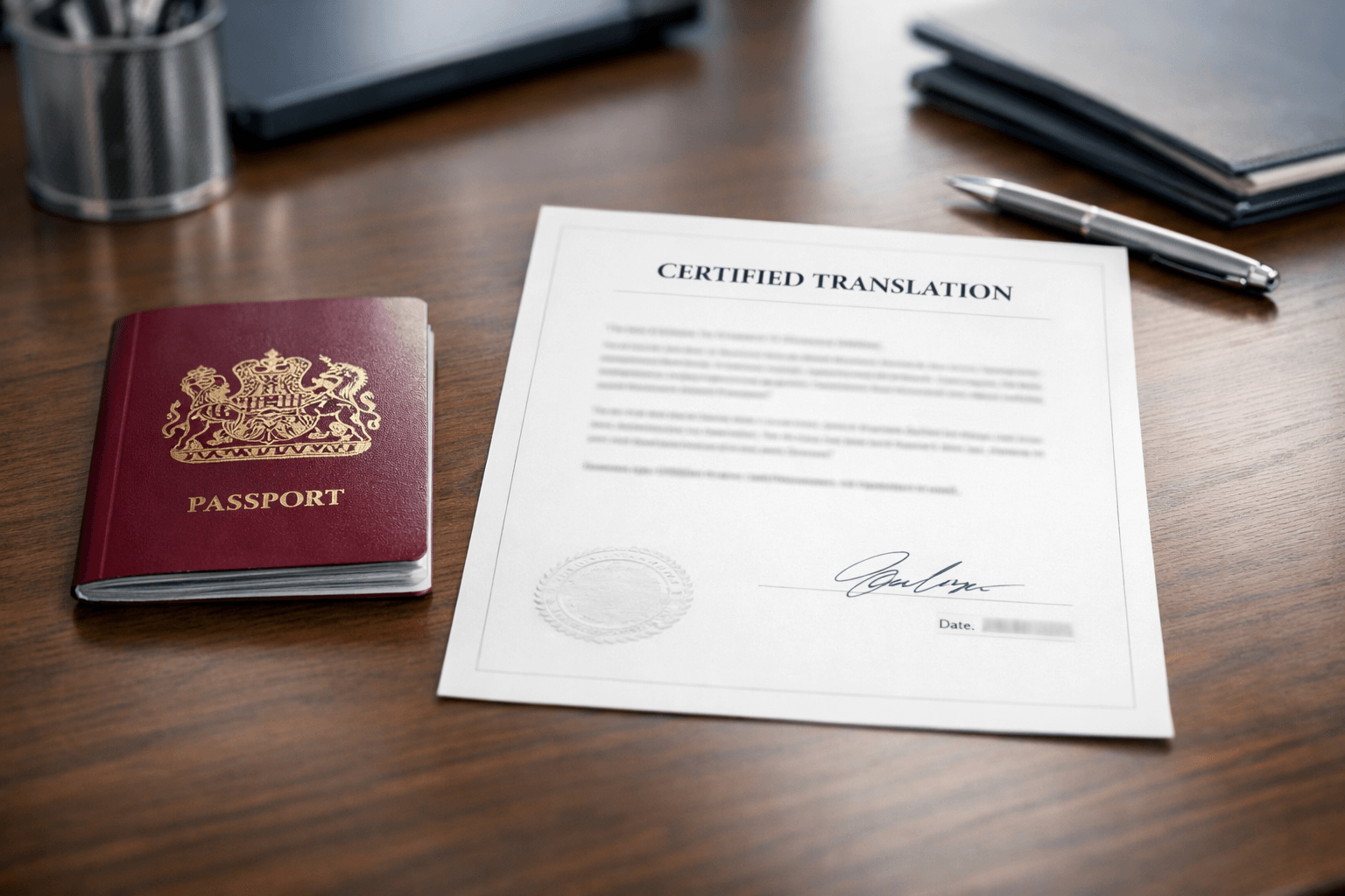 Passport certified translation document pack on a UK office desk