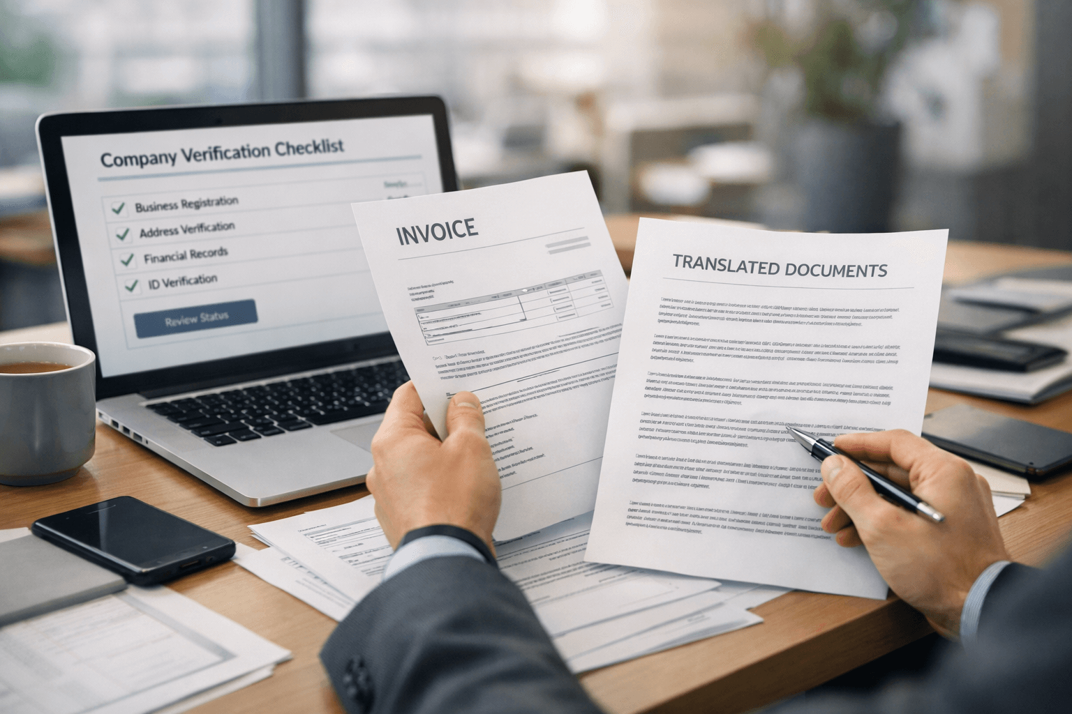 Person verifying a certified translation provider using an invoice and checklist