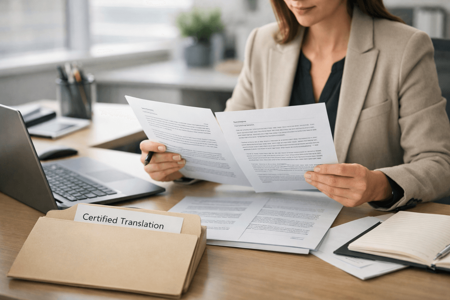 Professional translator reviewing a certified translation document pack in a UK office