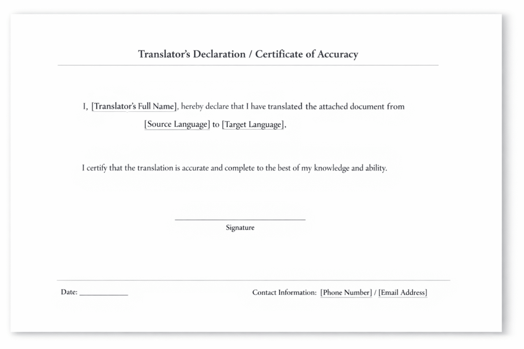 Sample certificate of accuracy used for WES certified translation submissions