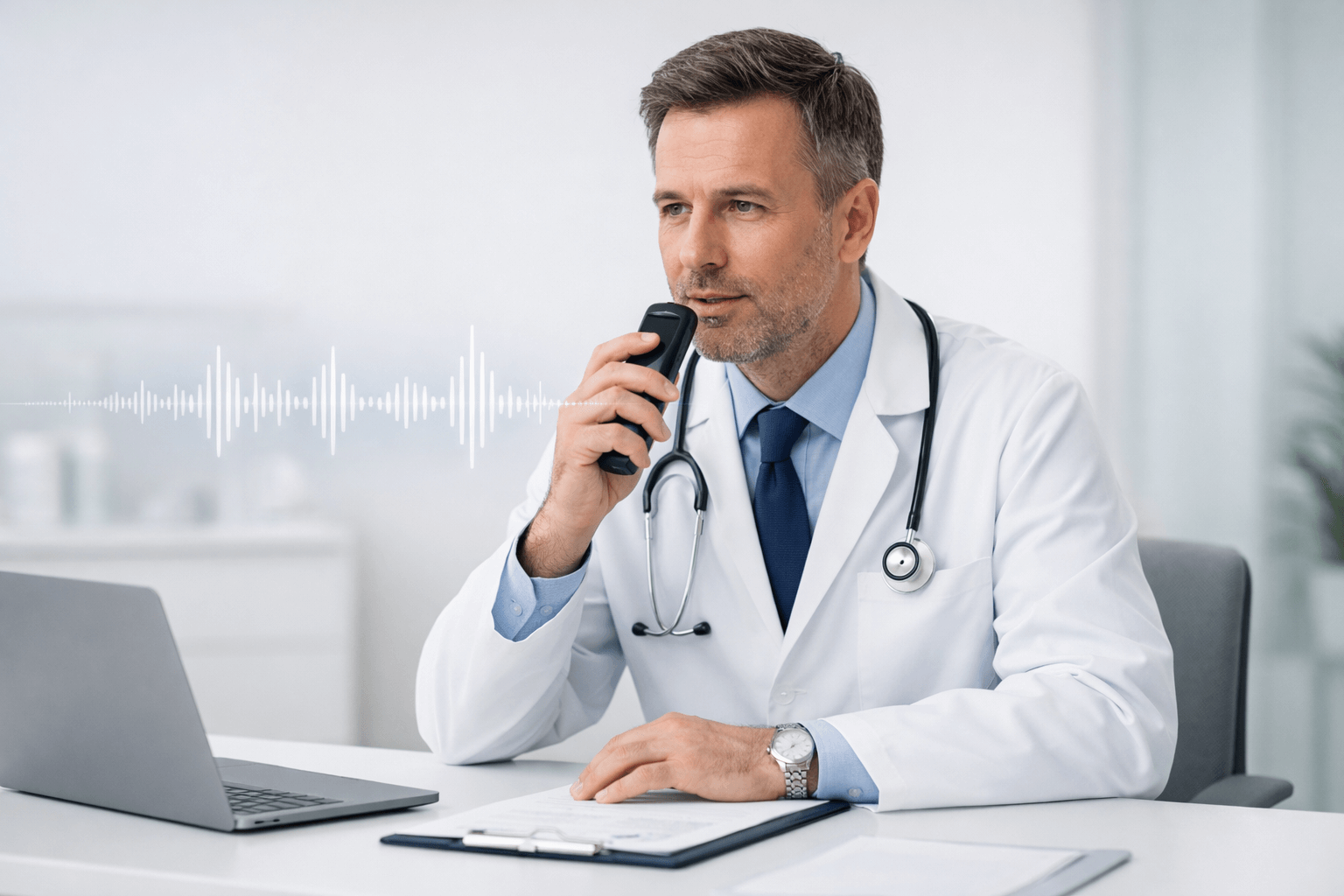 Clinician dictating medical notes for transcription in a secure clinical setting
