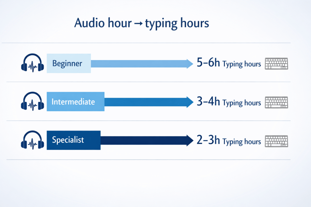 How transcription speed affects effective hourly pay beginner vs intermediate vs specialist
