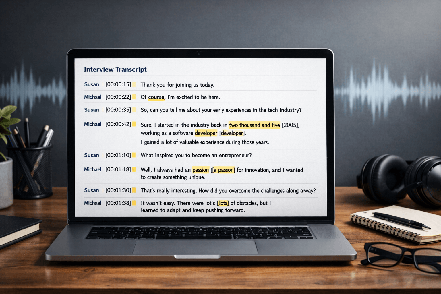 Interview transcript being edited with speaker labels and timestamps