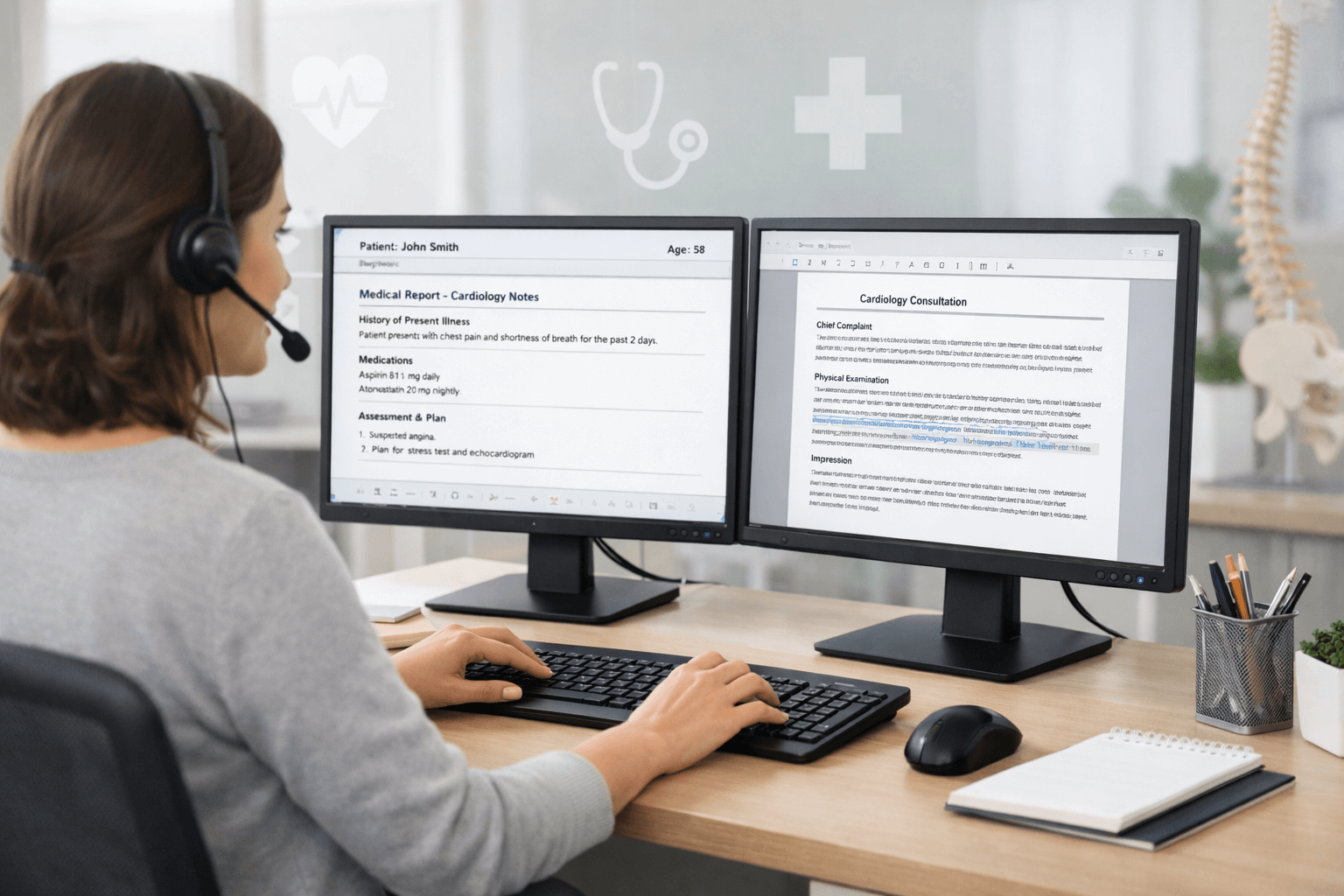 Medical transcriptionist editing healthcare documentation on a computer