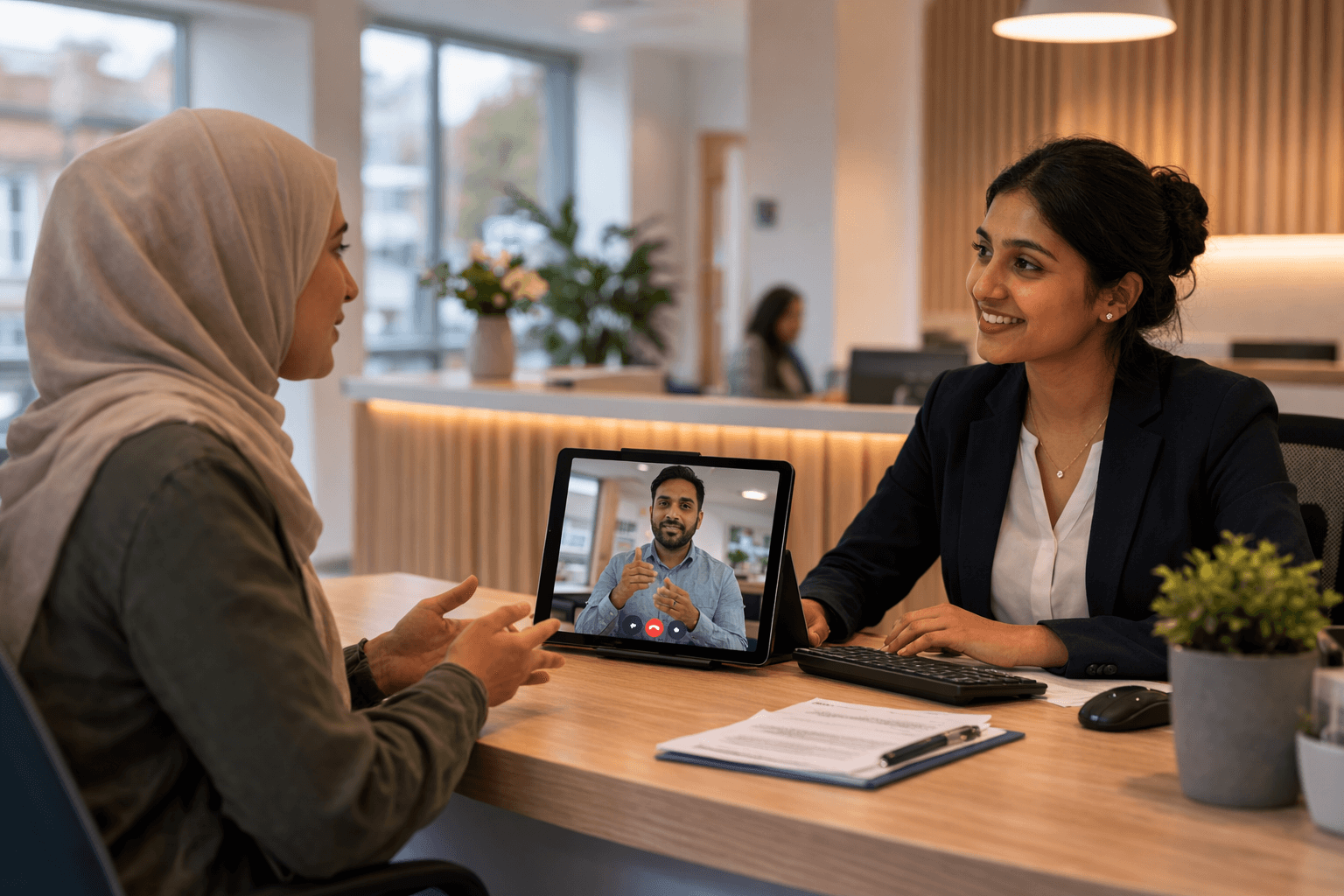 Patient requesting an interpreter at a UK clinic reception via video call