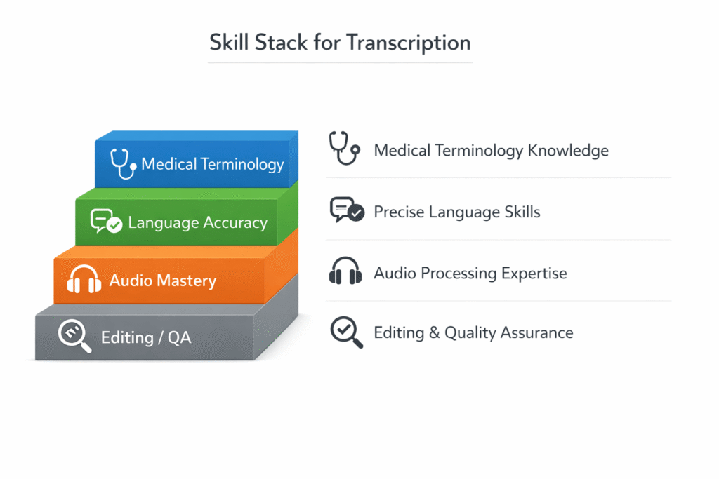 Skill stack for learning medical transcription from beginner to editor