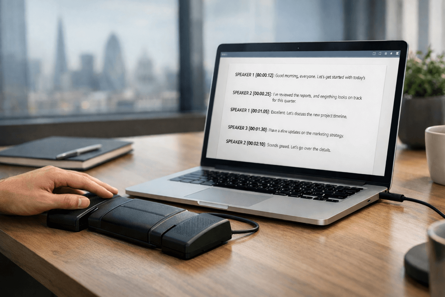 Transcriptionist using a foot pedal and laptop to produce a formatted transcript