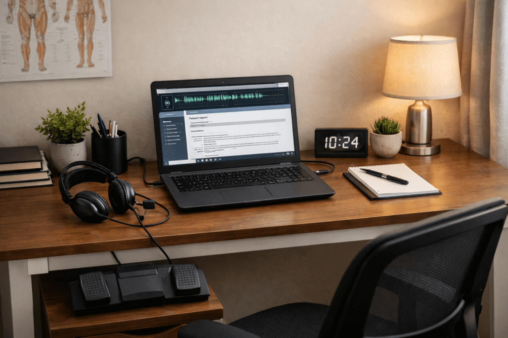 Work-from-home setup for medical transcription with headset and foot pedal