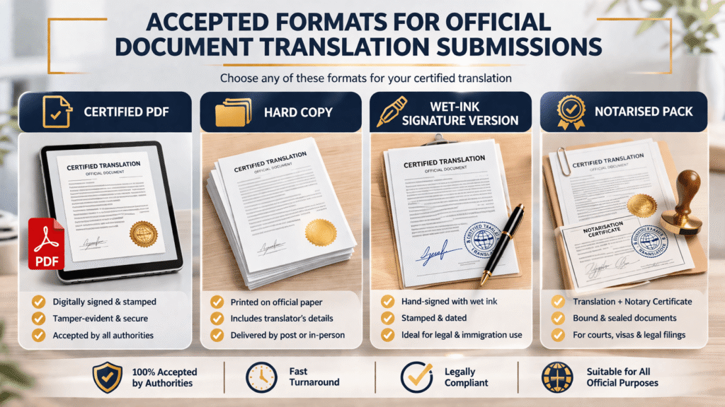 Accepted formats for home office document translation including PDF and hard copy
