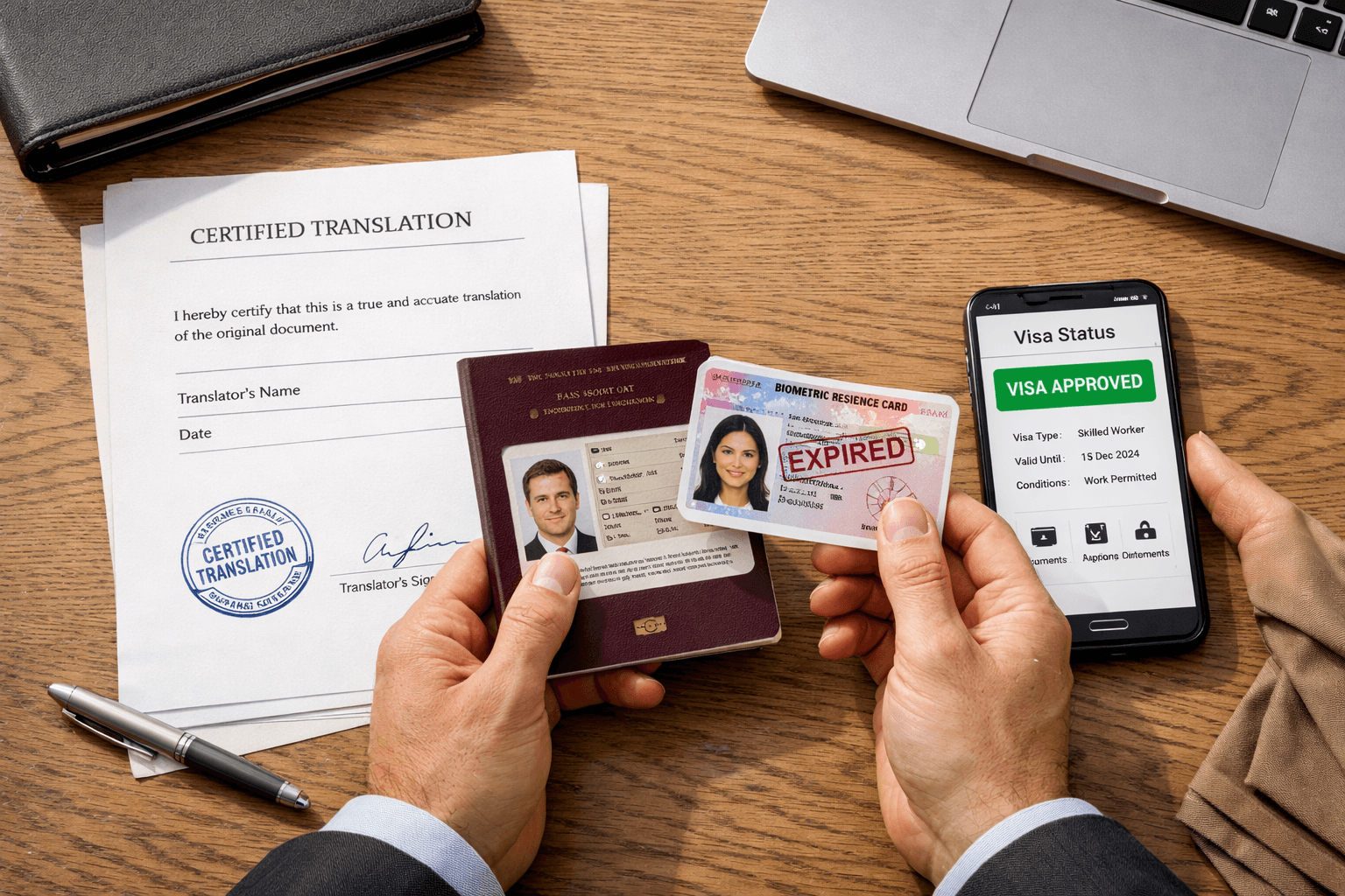 Applicant reviewing eVisa details, passport, and certified translation documents for a BRP correction case