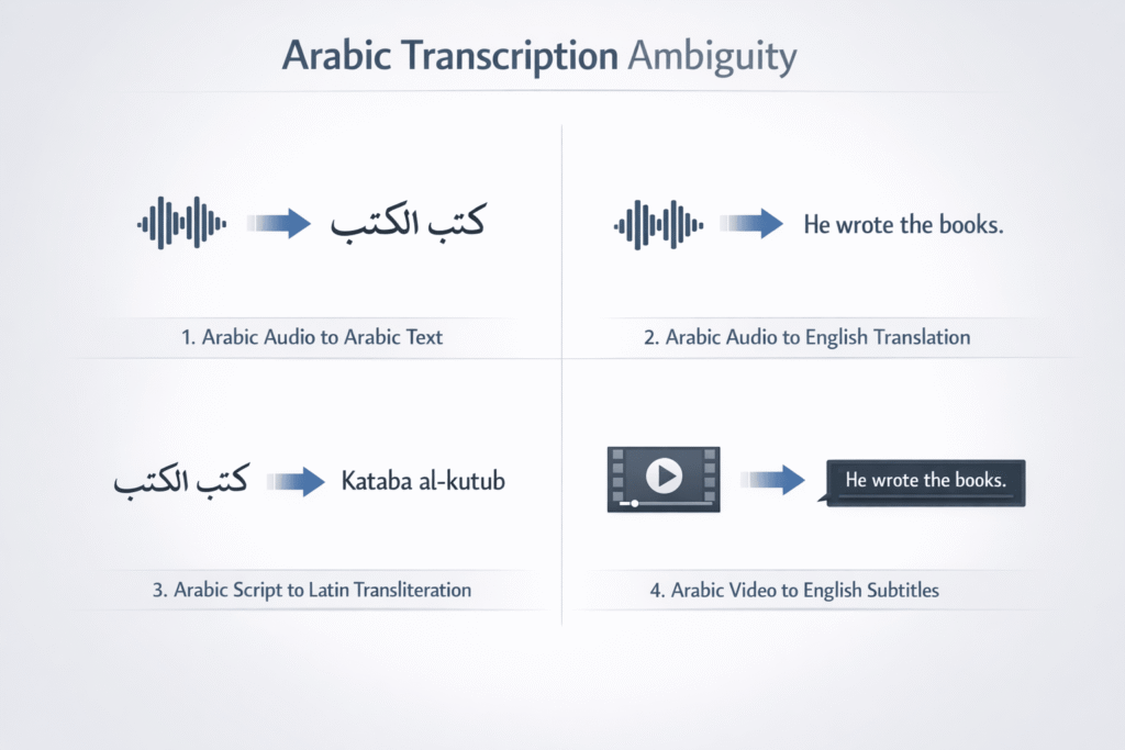 Arabic transcription examples showing transcription, translation, transliteration, and subtitling outputs