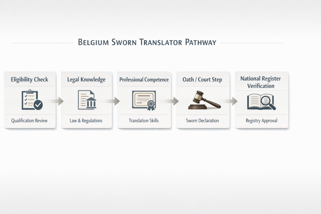 Belgium sworn translator pathway showing eligibility, competence, oath, and register steps