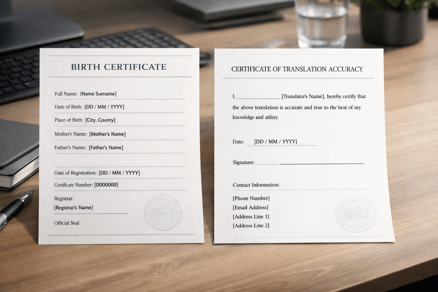 Birth certificate and certified translation certificate on a UK office desk