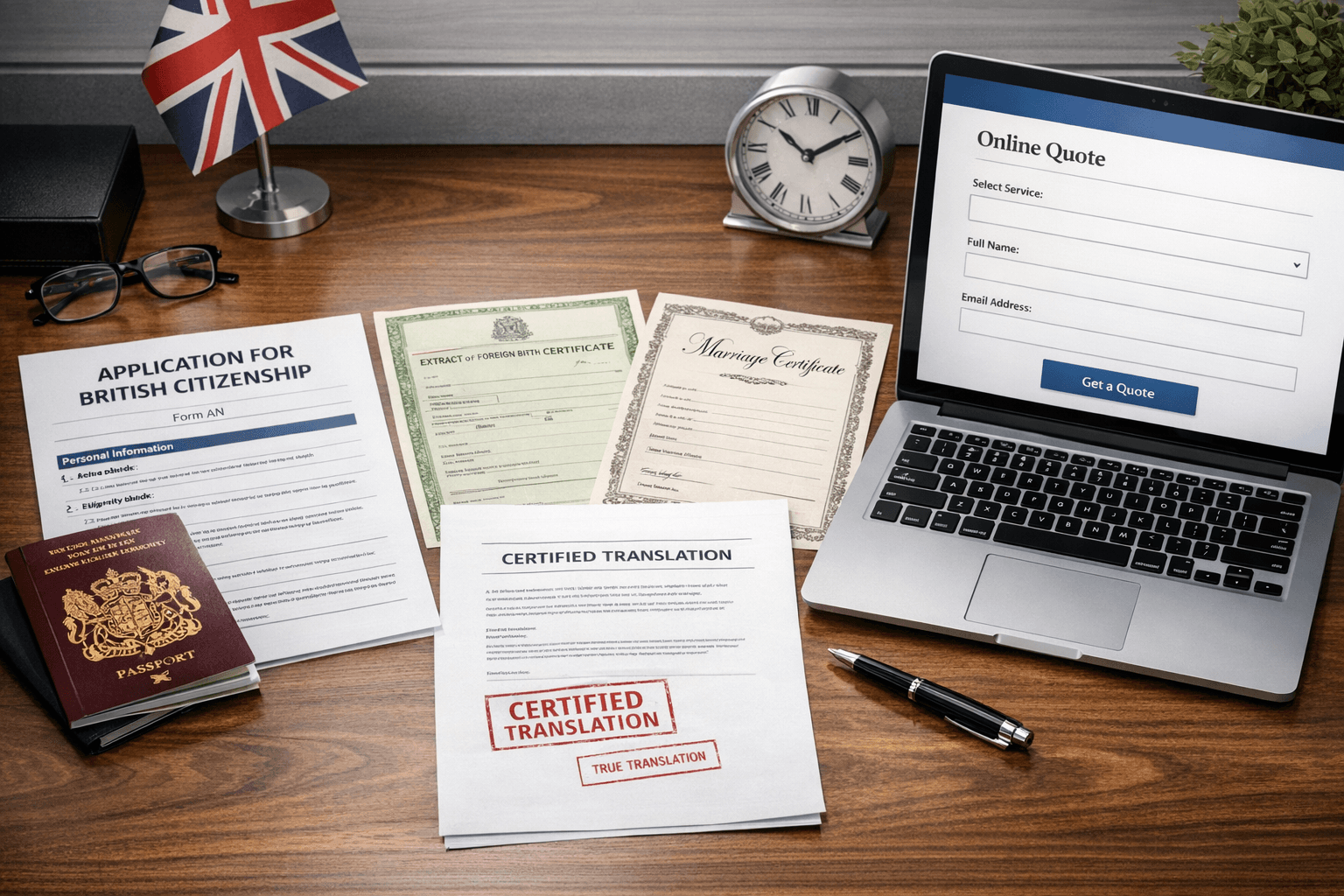 British citizenship document translation paperwork with certified documents and online quote form