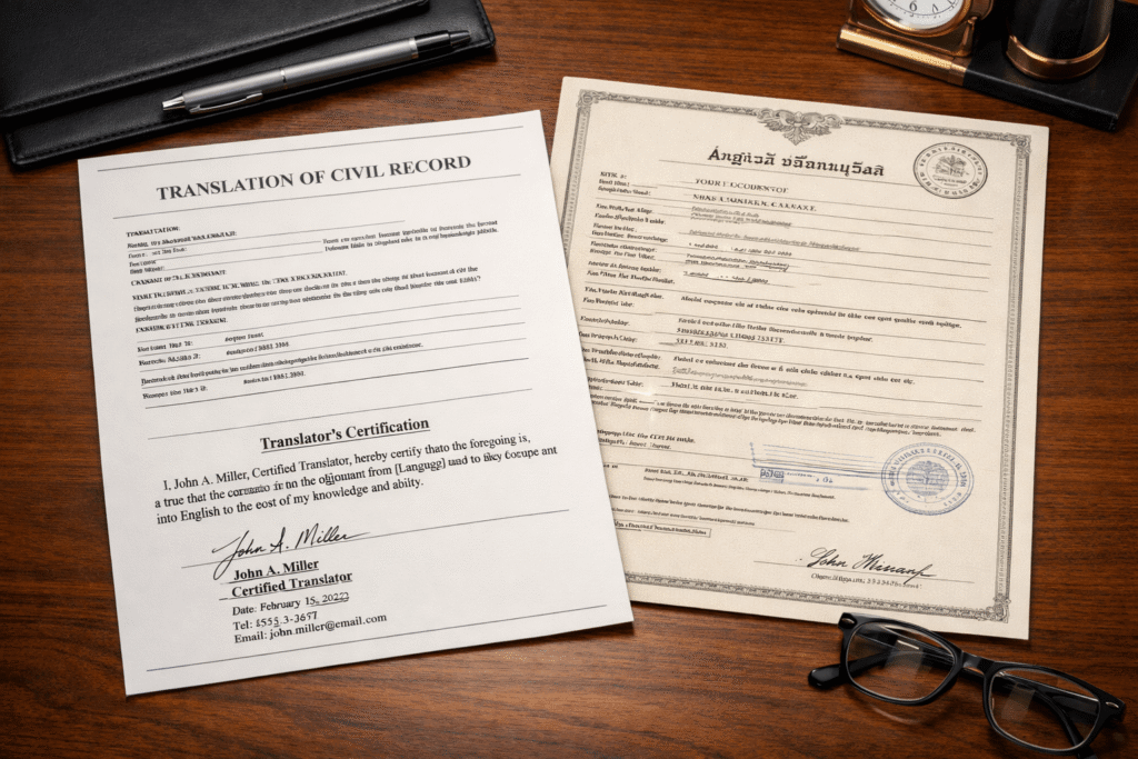 Certified civil record translation with translator declaration for UK visa supporting docs