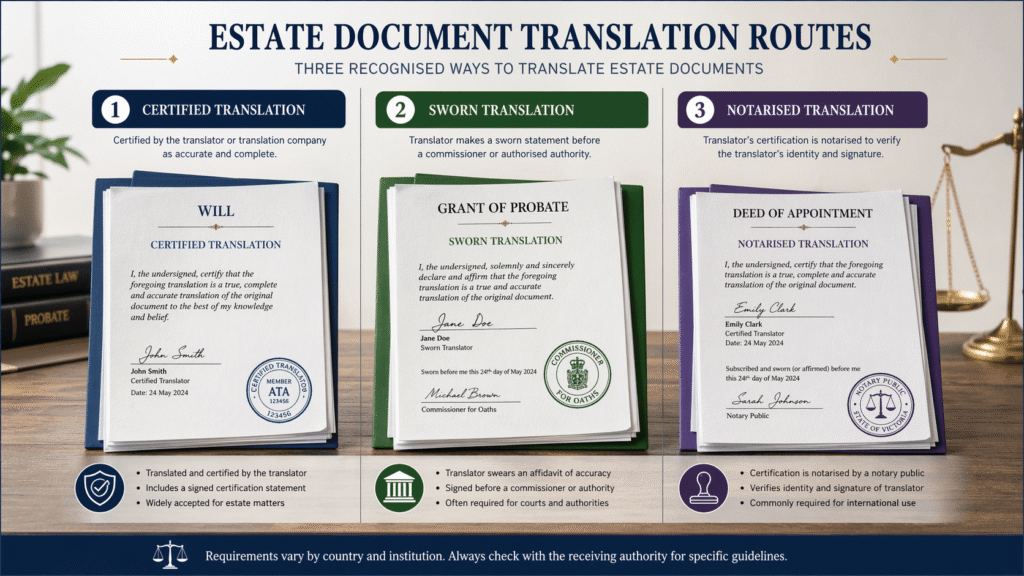 Certified sworn and notarised probate document translation routes in the UK