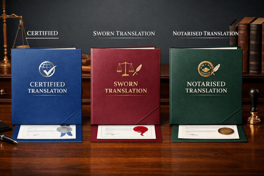 Certified sworn and notarised translation options for UK legal document translation