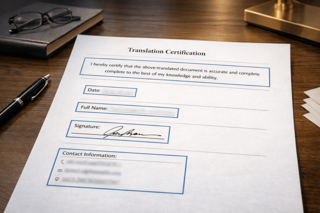 Certified translation certificate showing required verification details