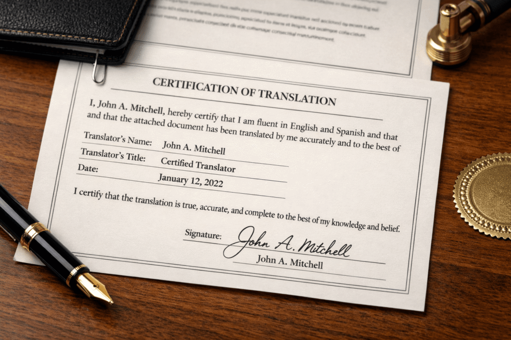 Certified translation certificate showing signature, date, and translator details