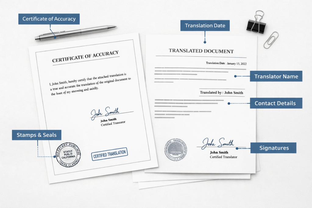 Certified translation checklist showing the details required on an official translated document