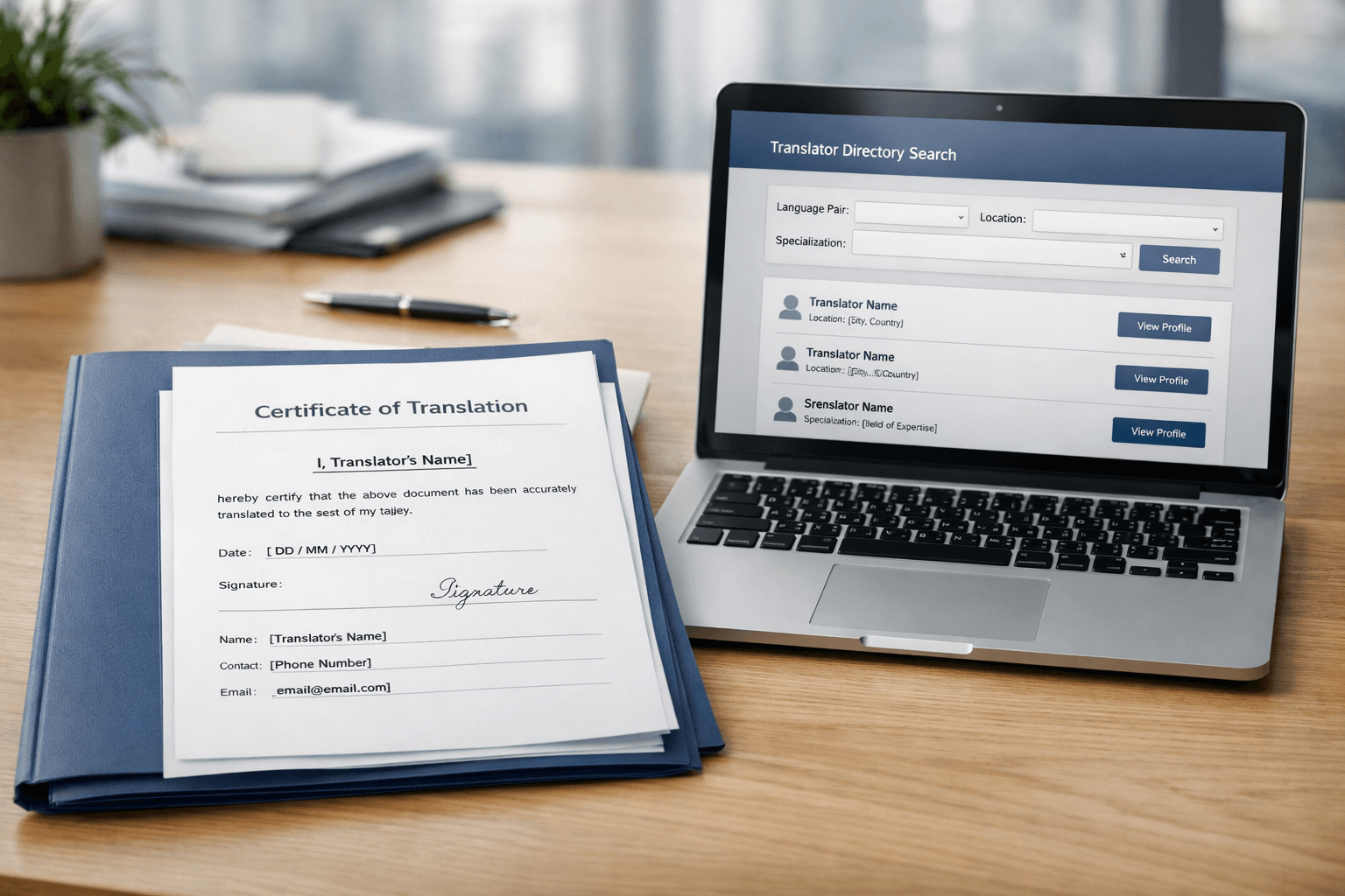 Certified translation document pack and translator credential check workspace