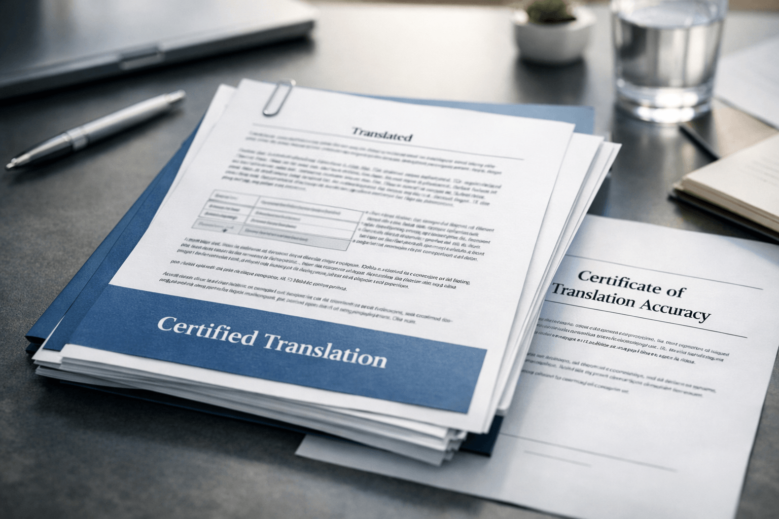 Certified translation document pack with certificate of accuracy on a UK office desk
