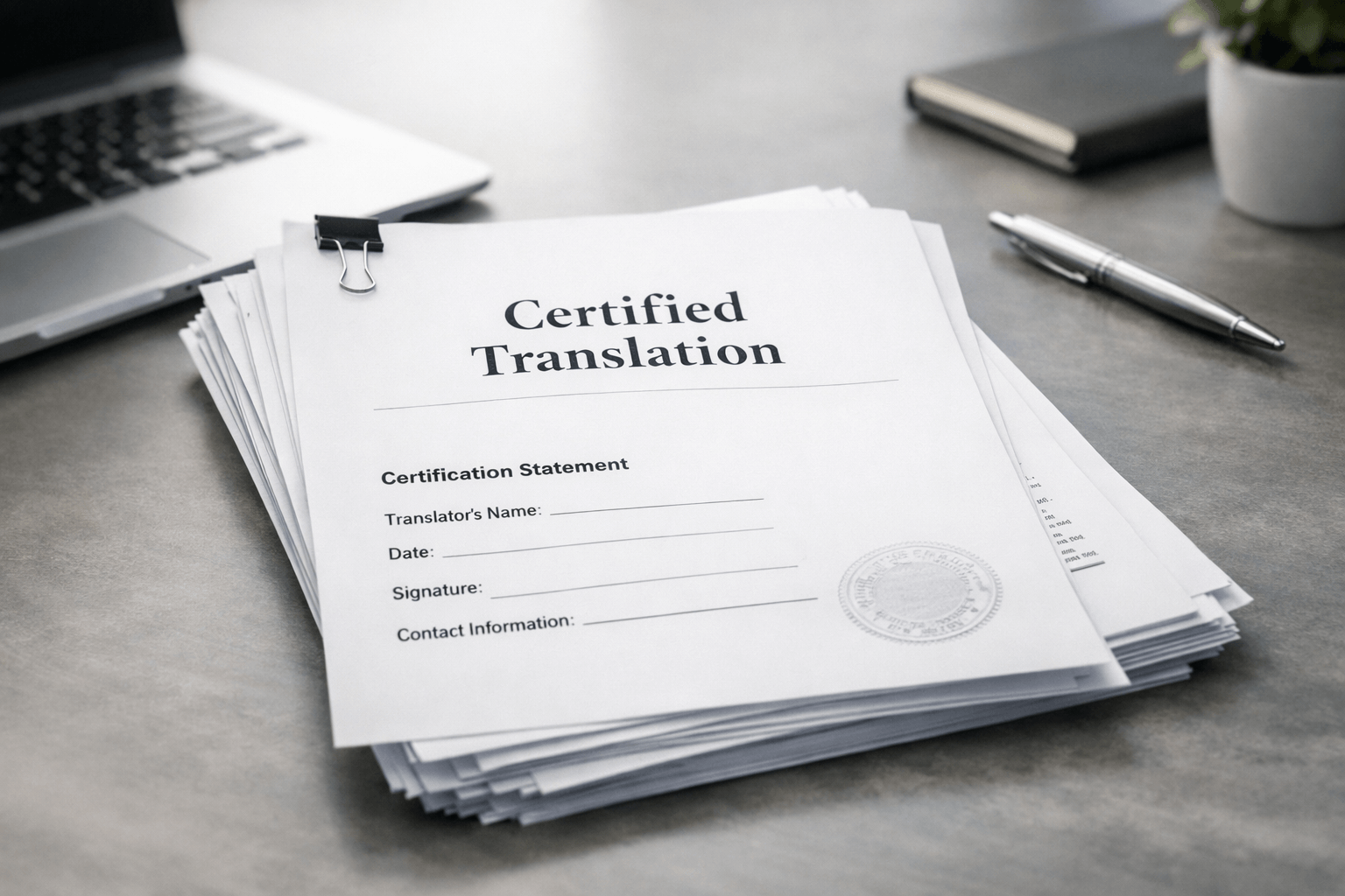 Certified translation document pack with signed certification statement on an office desk
